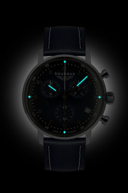 Bauhaus Dessau 2096-3 Herren Armbanduhr Blau • Schweizer Quarz-Chronograph • Made in Germany, Bild 2