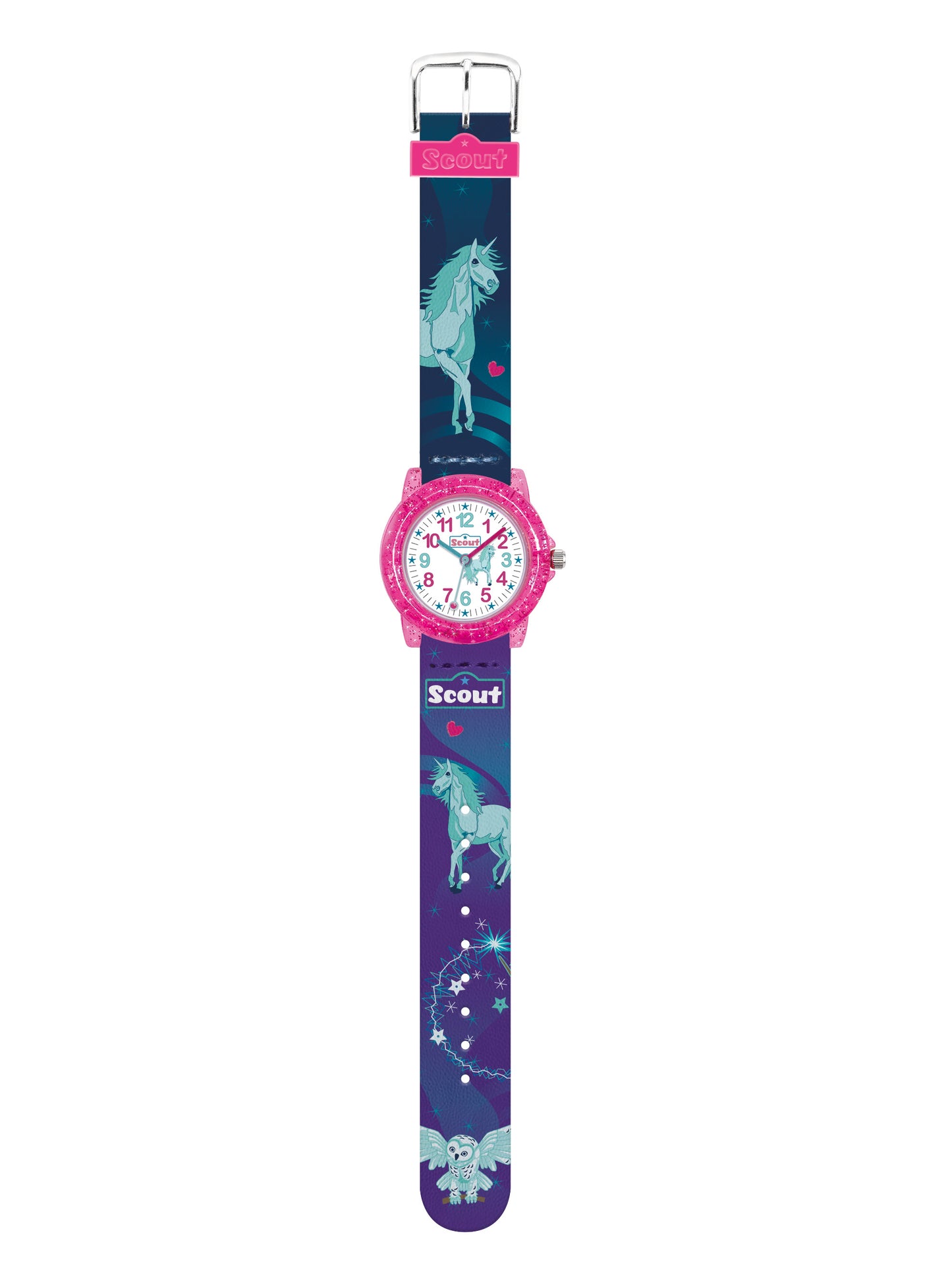 Scout Kinderuhr Einhorn und Eule 305048 Mädchen • Transparentes Glitzer-Gehäuse • Mineralglas, Bild 2