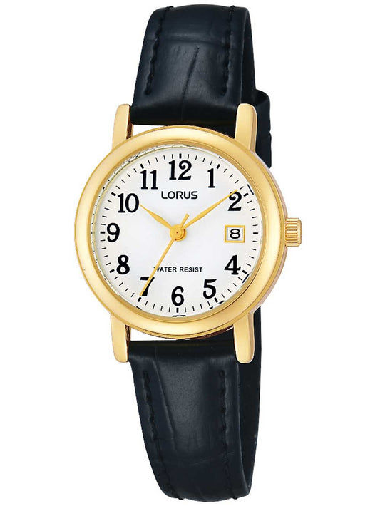 Lorus Damenarmbanduhr mit schwarzem Lederband, goldfarbener Lünette und weißem Zifferblatt