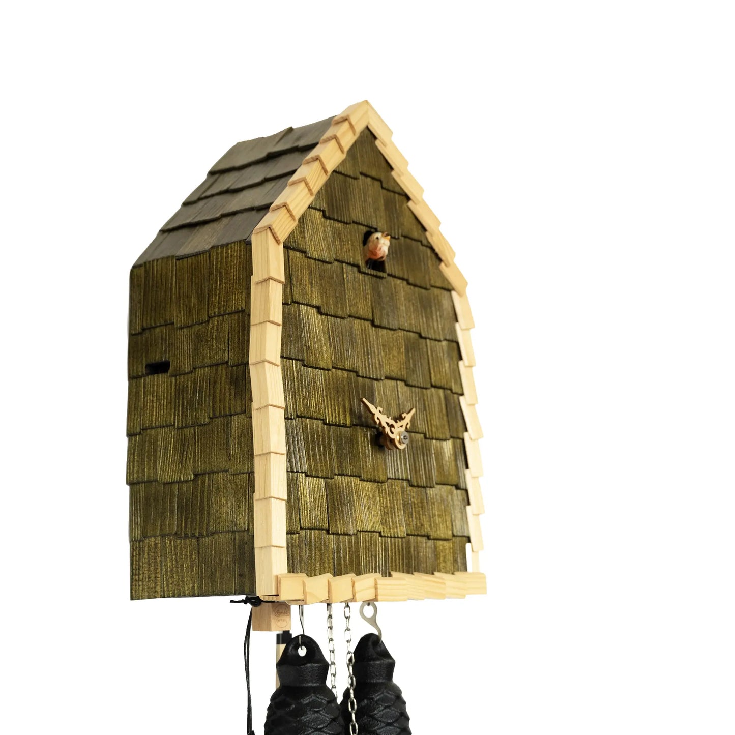Rombach & Haas Schindel RE34S-4 Wall Clock Green/Natural • Mechanical 8-Day Movement • Hand-Carved Wooden Bird