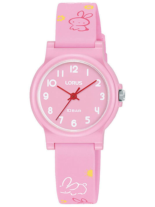 Lorus Mädchen-Armbanduhr rosa mit Cartoon-Zifferblatt und Silikonarmband, runde Anzeige
