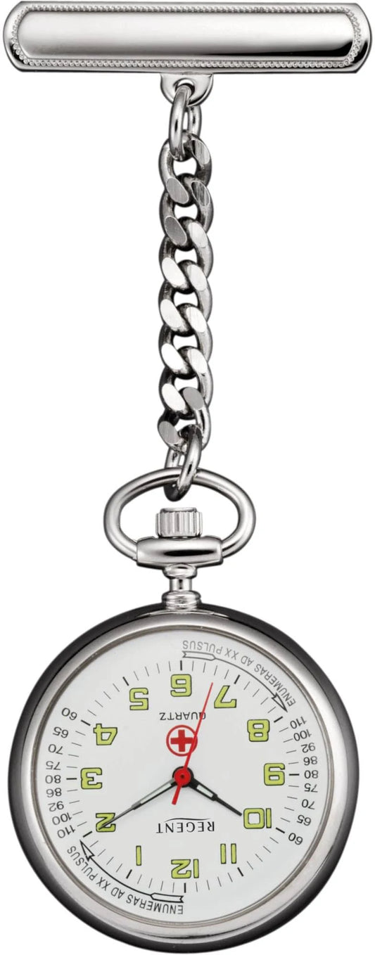 Silberne Taschenuhr mit Kette, rundes Zifferblatt mit Leuchtmarkierungen