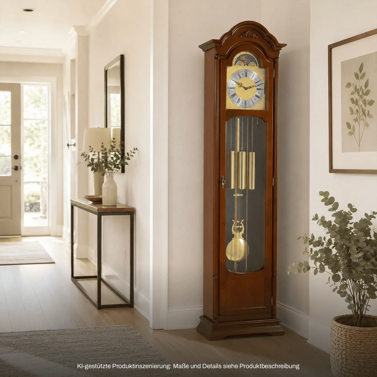 Holz-Standuhr mit Glasvitrine, Mondphasenanzeige und goldenen Pendelstäben