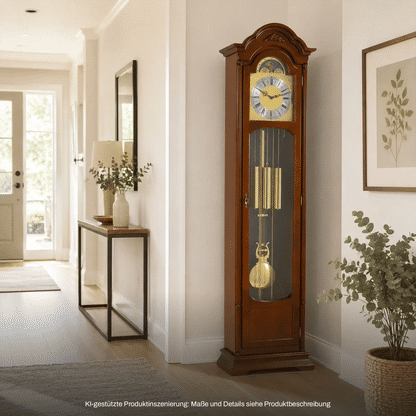 Holz-Standuhr mit Glasvitrine, Mondphasenanzeige und goldenen Pendelstäben