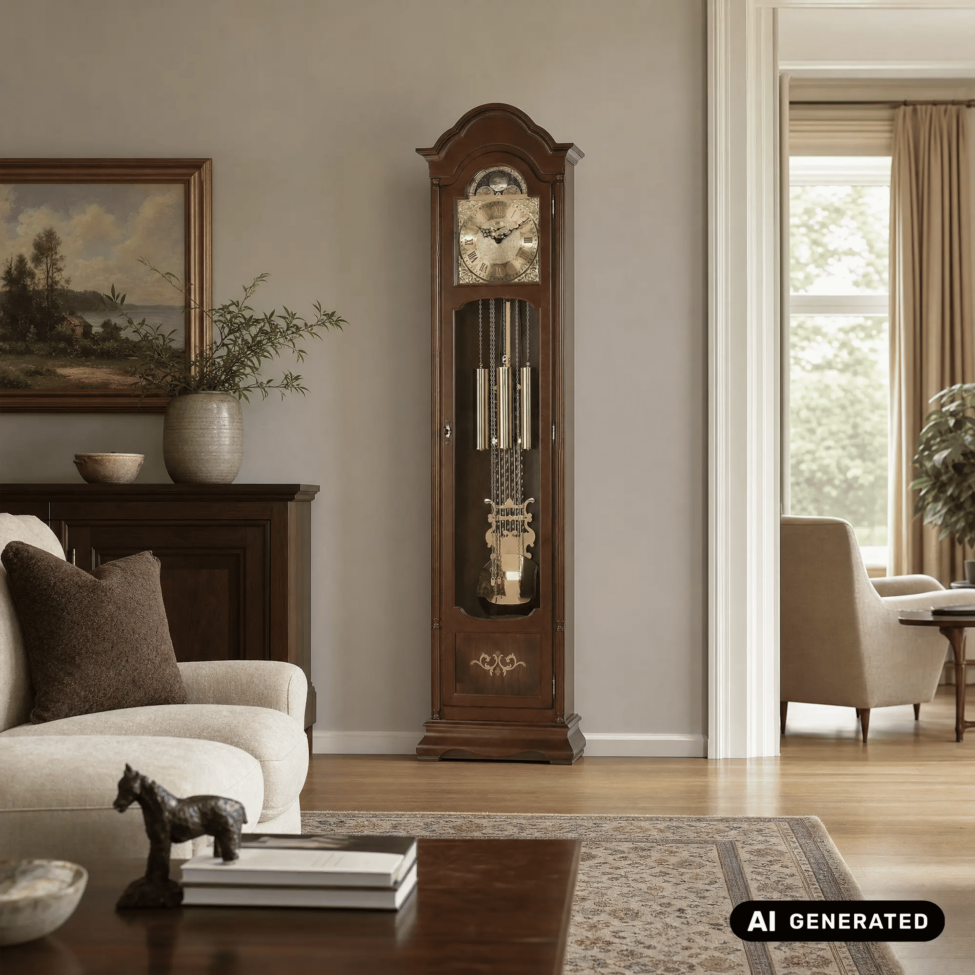Standuhr aus Nussbaumholz mit Glasfront, römischem Zifferblatt und Pendelwerk