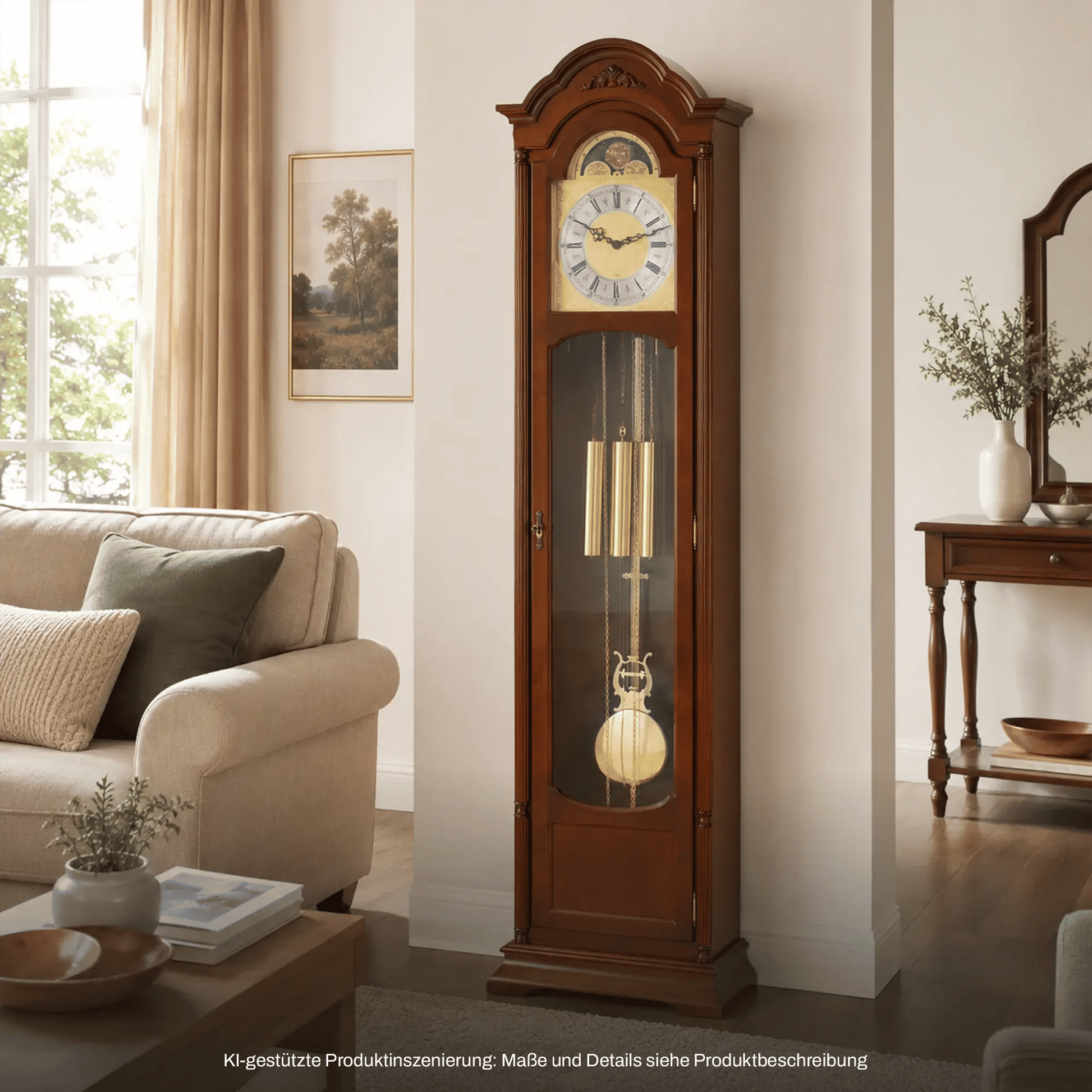 Holz-Standuhr im Eck, Glasvitrine mit Mondphasenanzeige und goldenen Pendelgewichten
