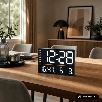Digitale LED-Tischuhr mit Thermometer, schwarzes Gehäuse mit großer Anzeige