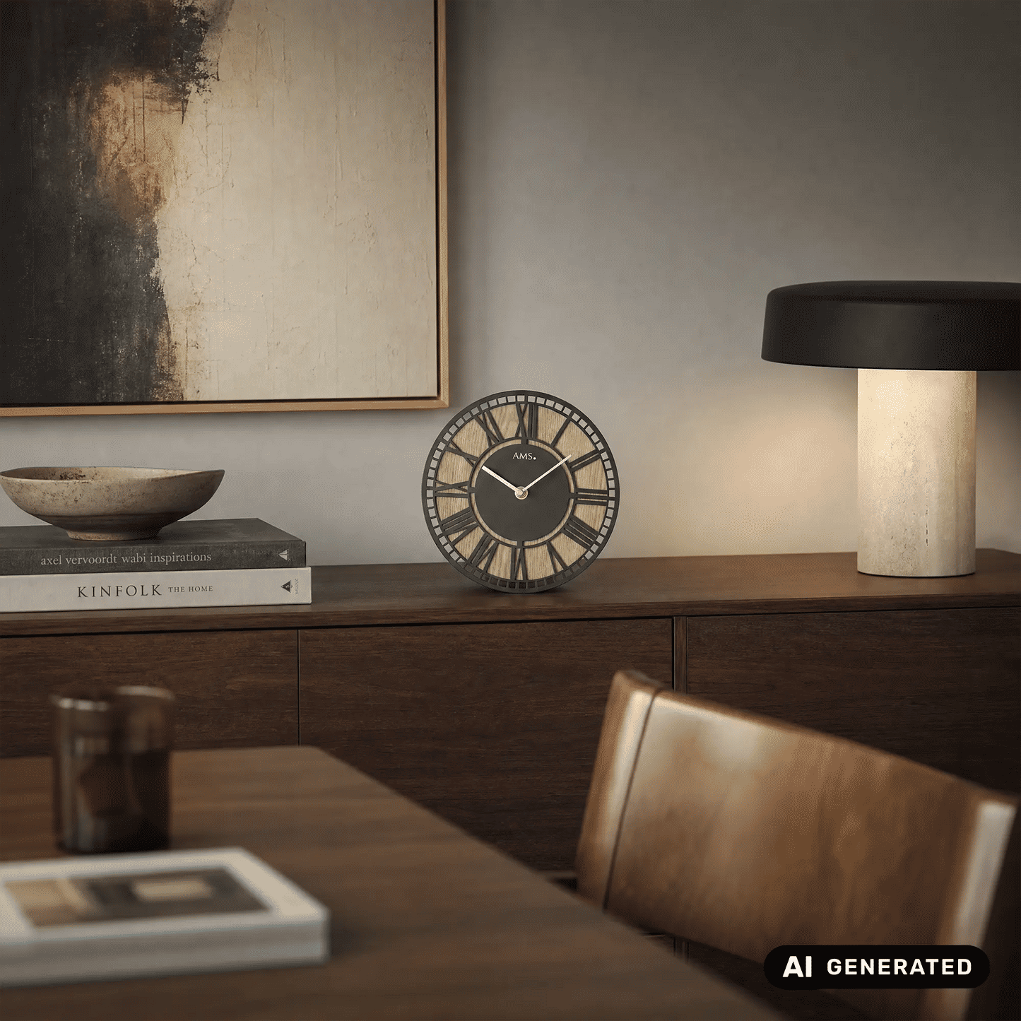 Tischuhr auf Holzkommode, rundes Ziffernblatt mit Holzoptik und schwarzen Segmenten