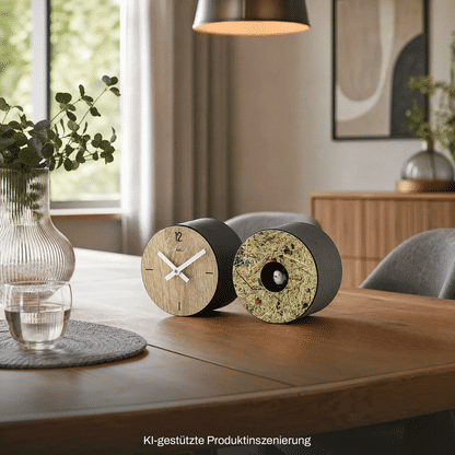 Tischuhr mit rundem Holz-Ziffernblatt, schwarzen Seiten und zweifarbigem Frontdetail