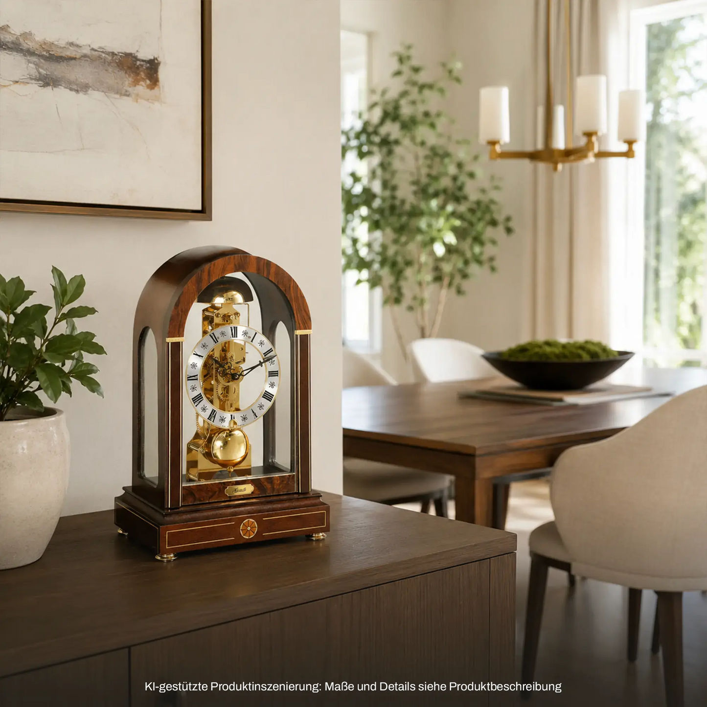 Holz-Tischuhr mit gebogener Glasfront und silbernem Zifferblatt, goldene Pendelanzeige