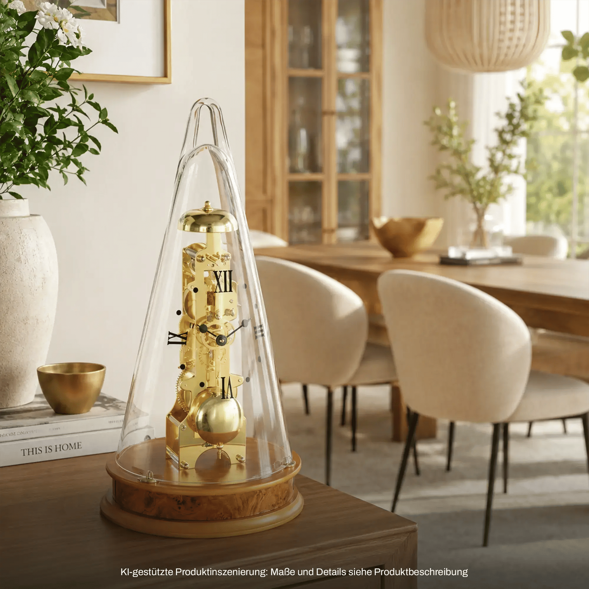 Tischuhr mit glockenförmigem Glasgehäuse und Holzsockel, mechanisches Uhrwerk, römische Ziffern