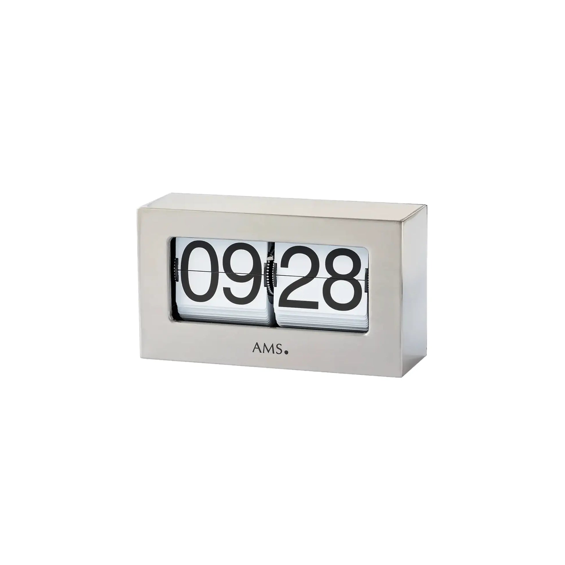 Silberne Tischuhr mit Flip-Anzeige „09:28“ und AMS.-Logo