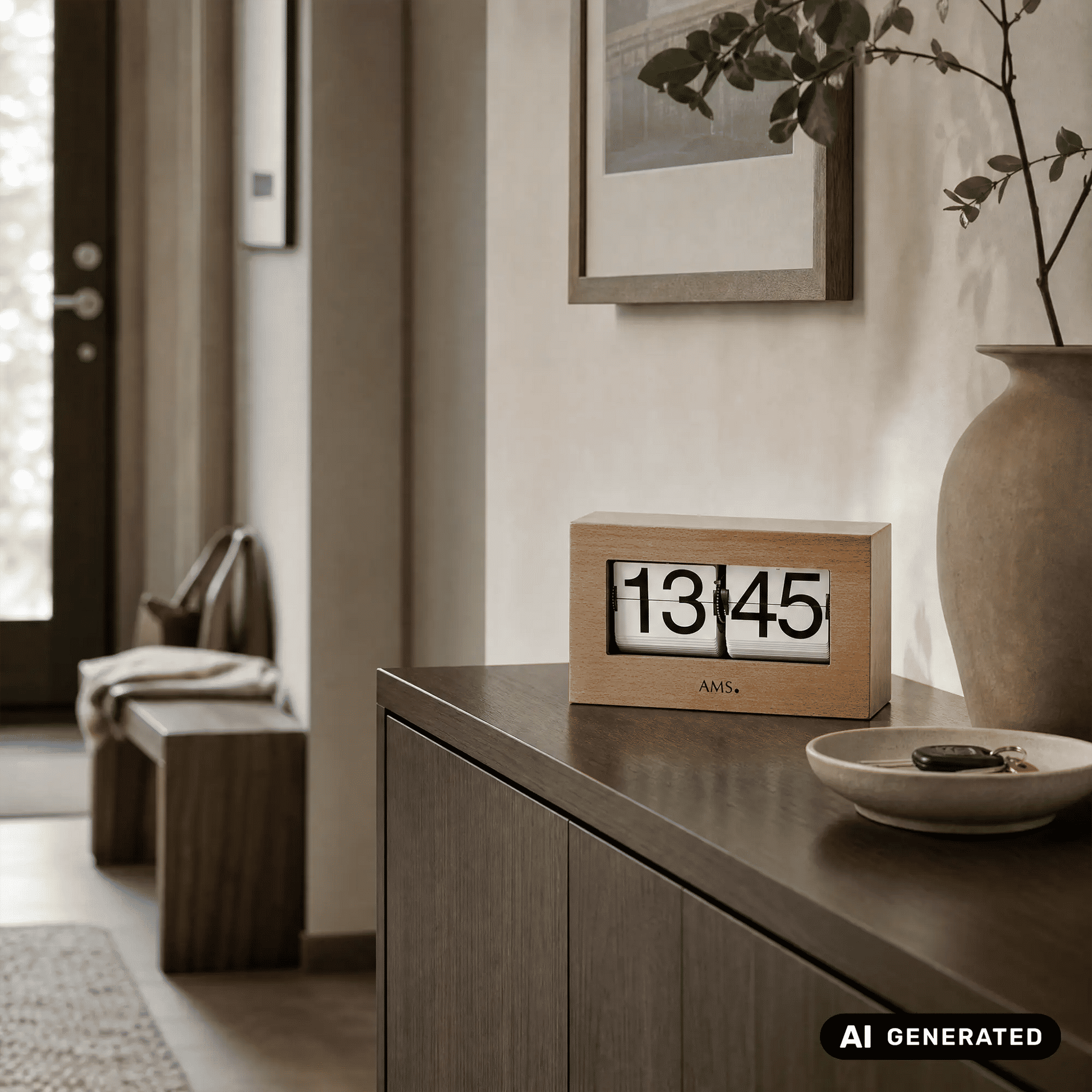 Tischuhr aus Buchenholz mit Flip-Clock-Anzeige 13 und 45 im Sichtfenster