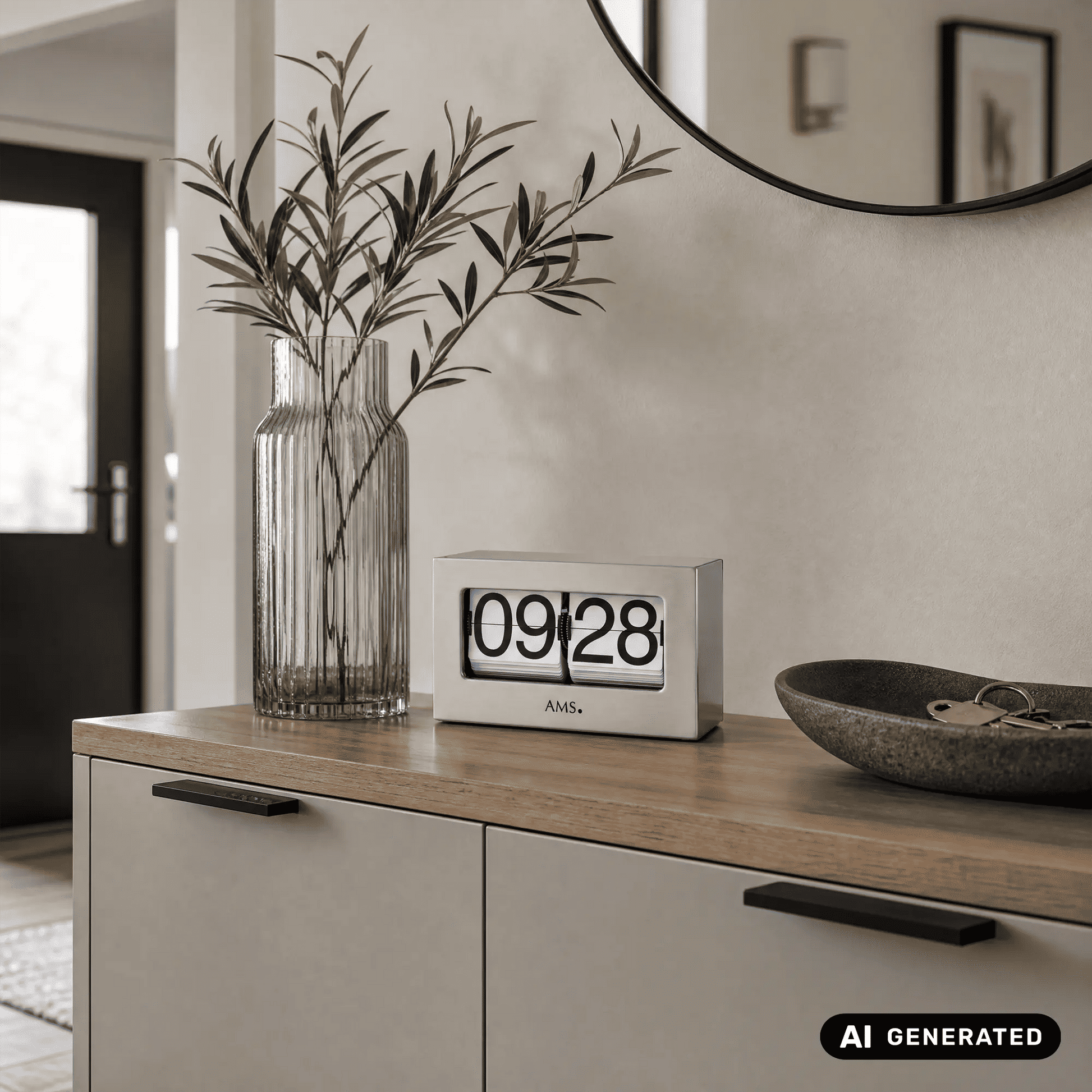 Silberne Tischuhr mit Flip-Display „09:28“ auf Sideboard