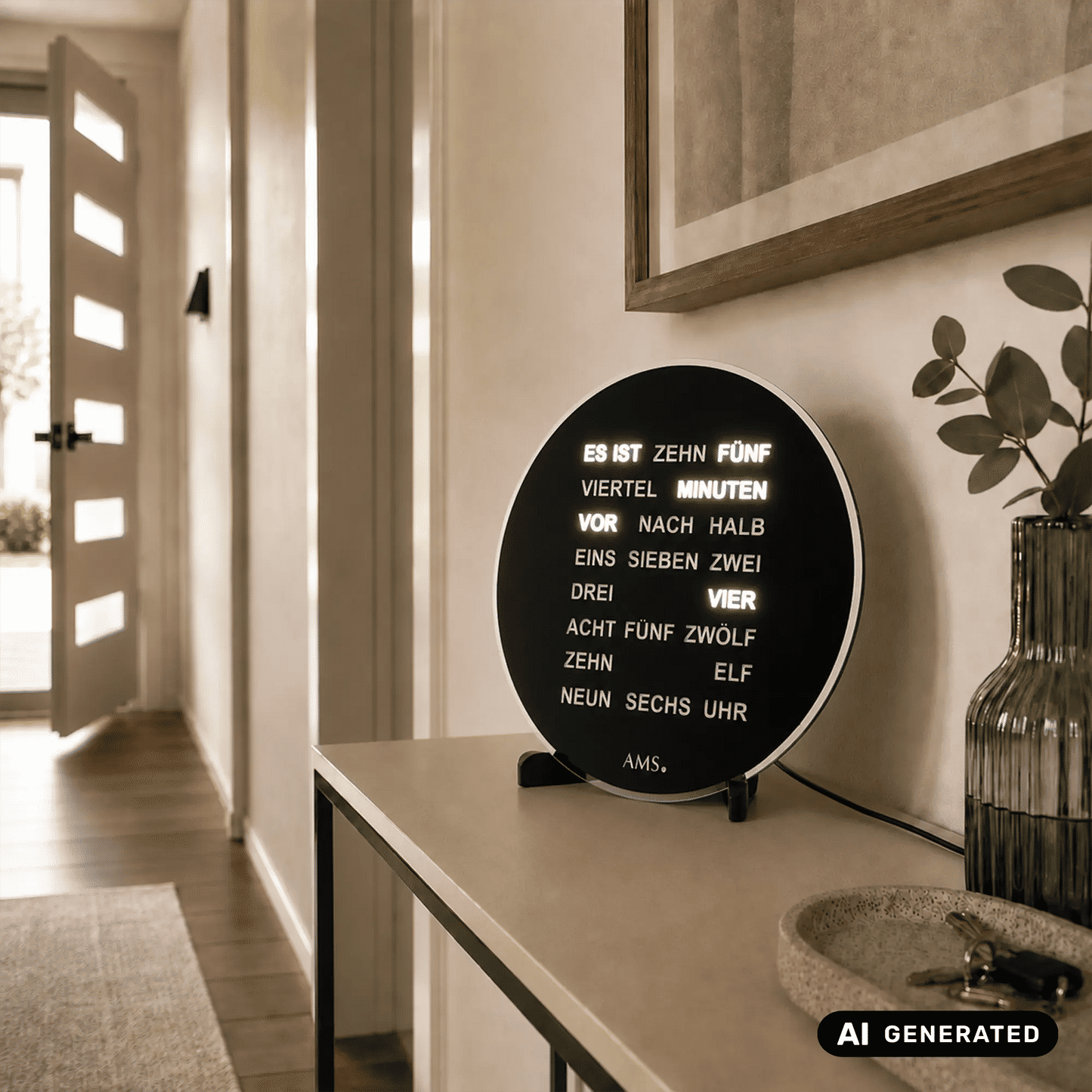 Runde schwarze AMS Quarz-Tisch- und Wanduhr mit Textanzeige, an Wand
