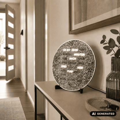 Runde LED-Wortuhr aus Metallic mit Wortanzeige, seitlich auf Ständern