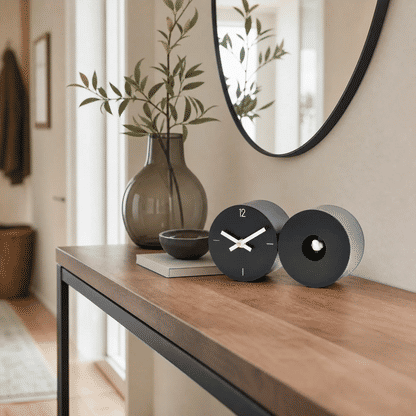 Table and wall clock with metal casing, two round clocks on sideboard, black dial