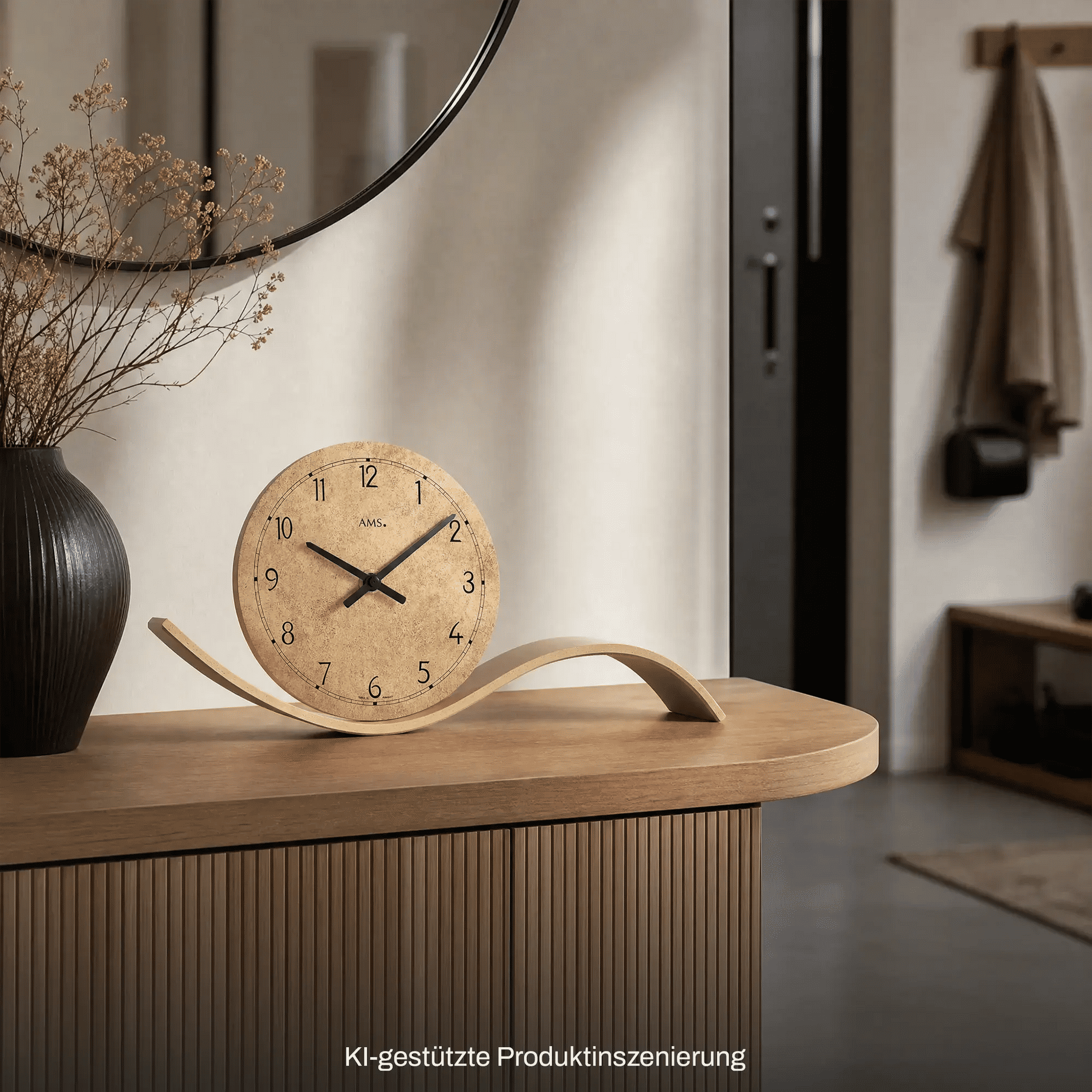 AMS Tischuhr, rundes Holzgehäuse in Messing-Optik, gebogener Holzsockel mit Zeigern