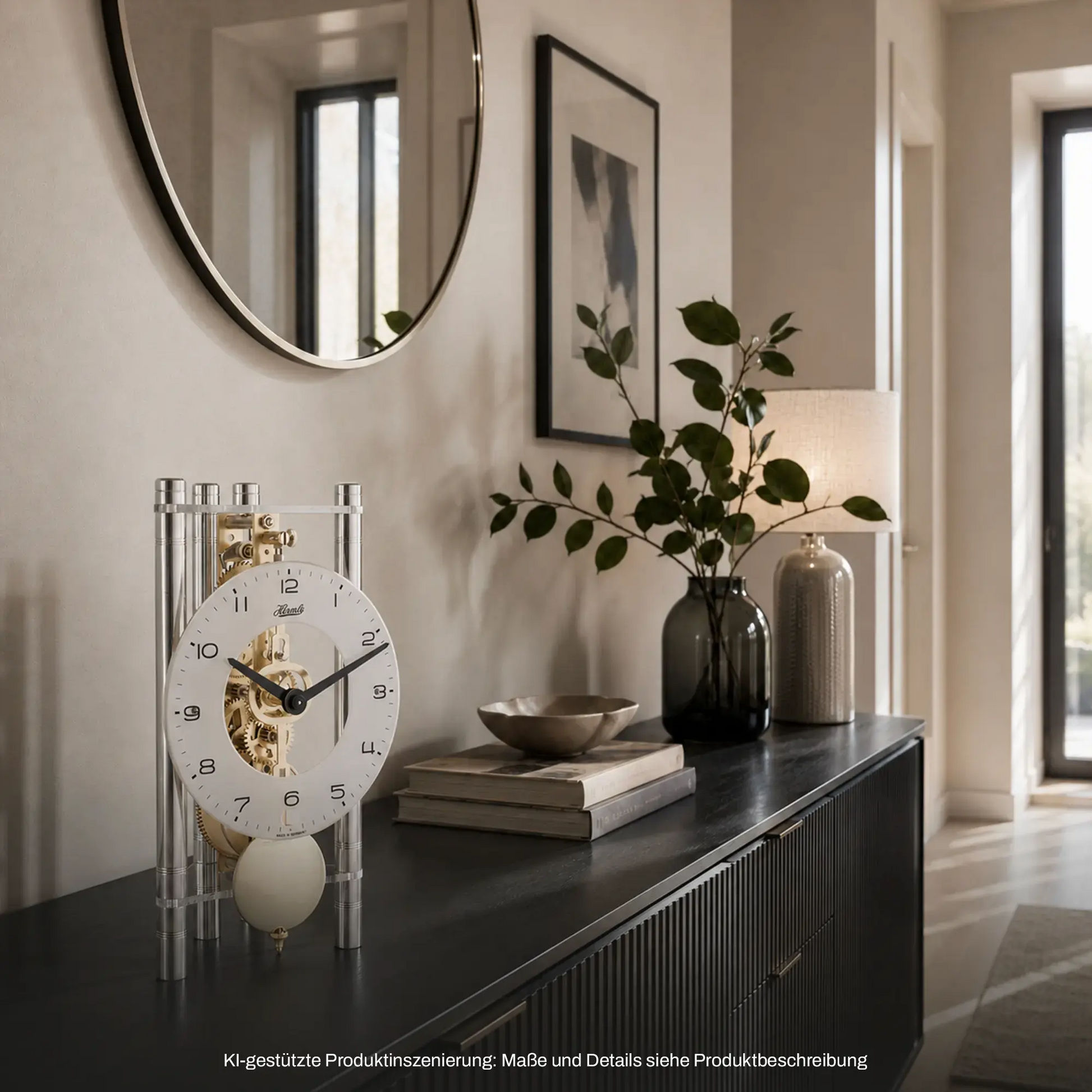 Hermle Tischuhr mit transparenten Säulen, rundem Messinggehäuse und Pendel