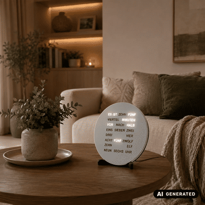 Runde LED-Wortanzeige-Tischuhr in Alu-Optik mit Leuchttext auf Metallfront