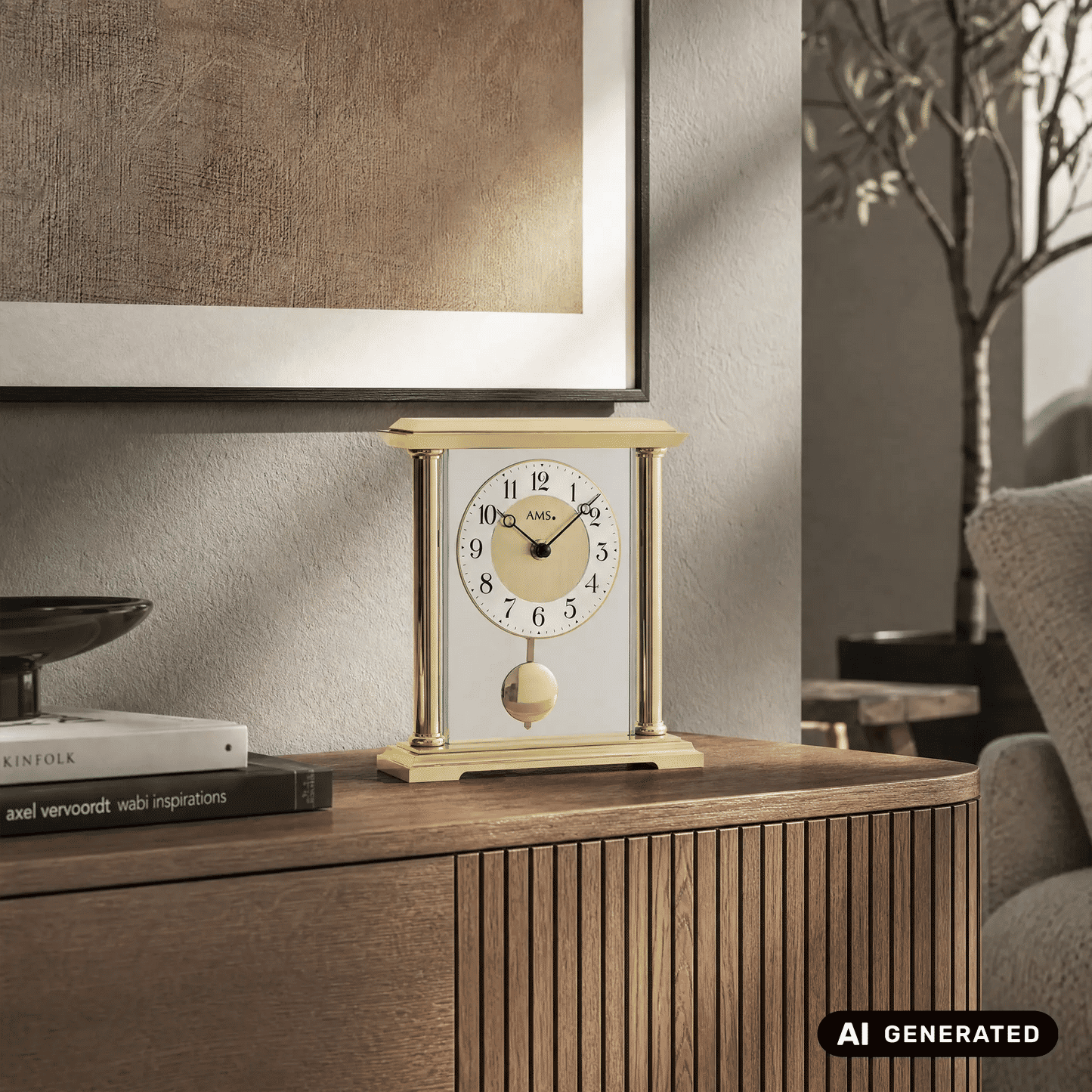AMS T1143 Zegar stołowy złoty • Mechanizm kwarcowy z wahadłem • Szkło mineralne