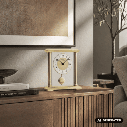 AMS T1143 Zegar stołowy złoty • Mechanizm kwarcowy z wahadłem • Szkło mineralne