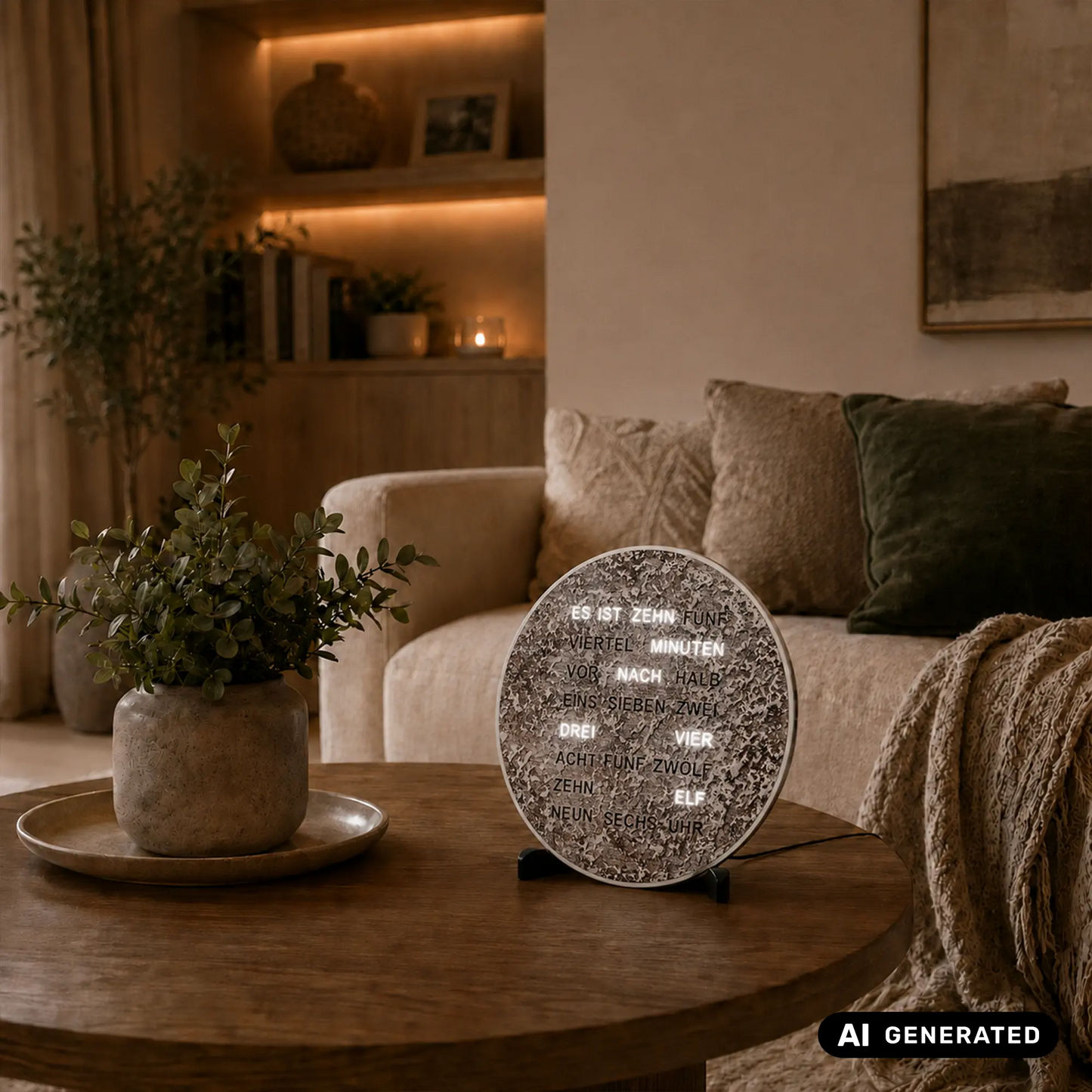 Runde LED-Wortuhr in Metallic mit Wortanzeige, auf Ständern auf dem Tisch