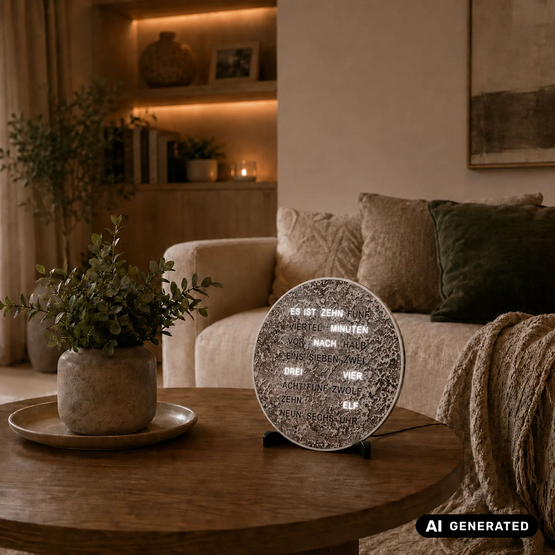 Runde LED-Wortuhr in Metallic mit Wortanzeige, auf Ständern auf dem Tisch