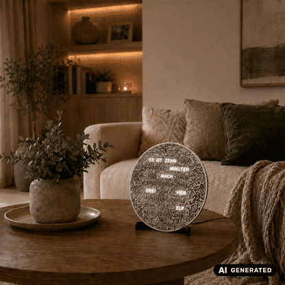 Runde LED-Wortuhr in Metallic mit Wortanzeige, auf Ständern auf dem Tisch