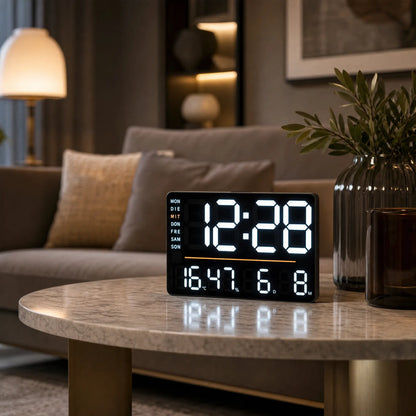 Digital clock on coffee table, black frame, LED display for time and temperature/humidity.