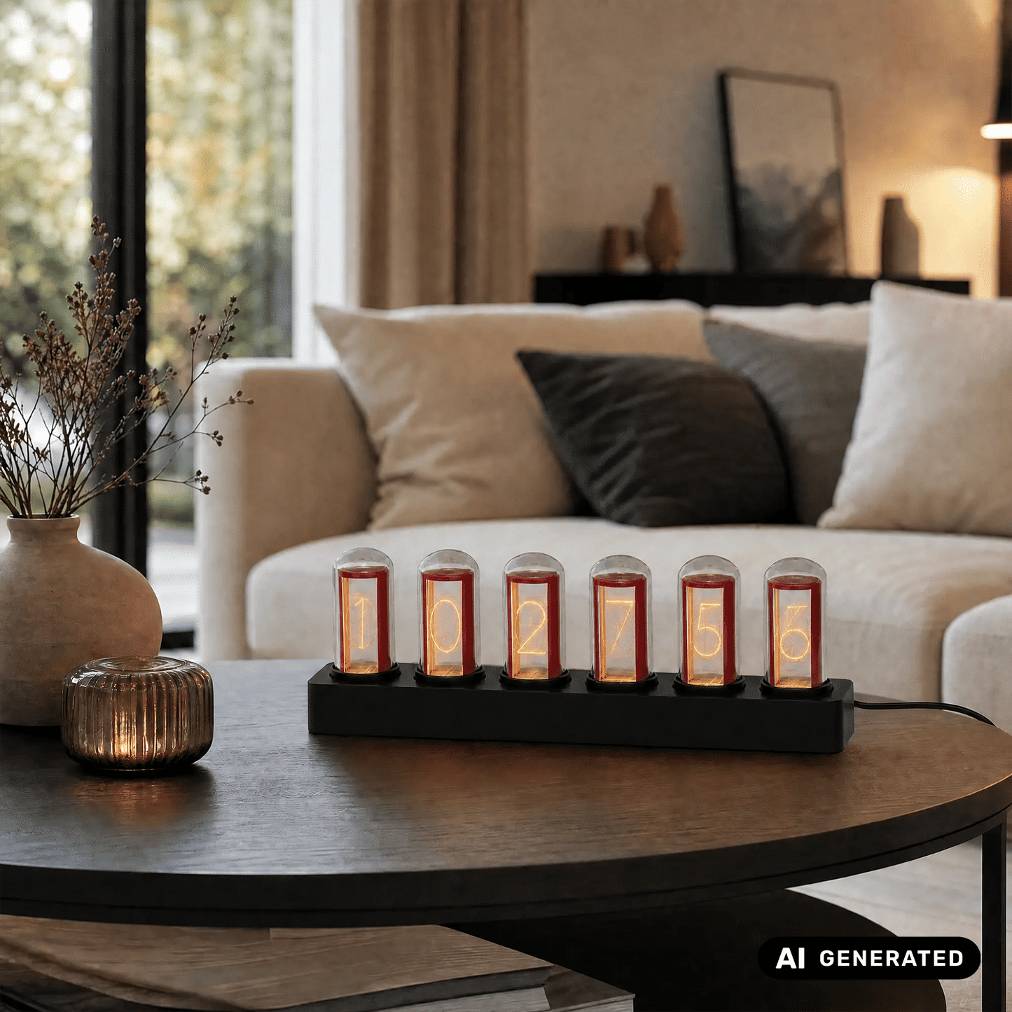 Rotbraune Tischuhr mit Nixie-Glasröhren und orangefarben leuchtender Anzeige