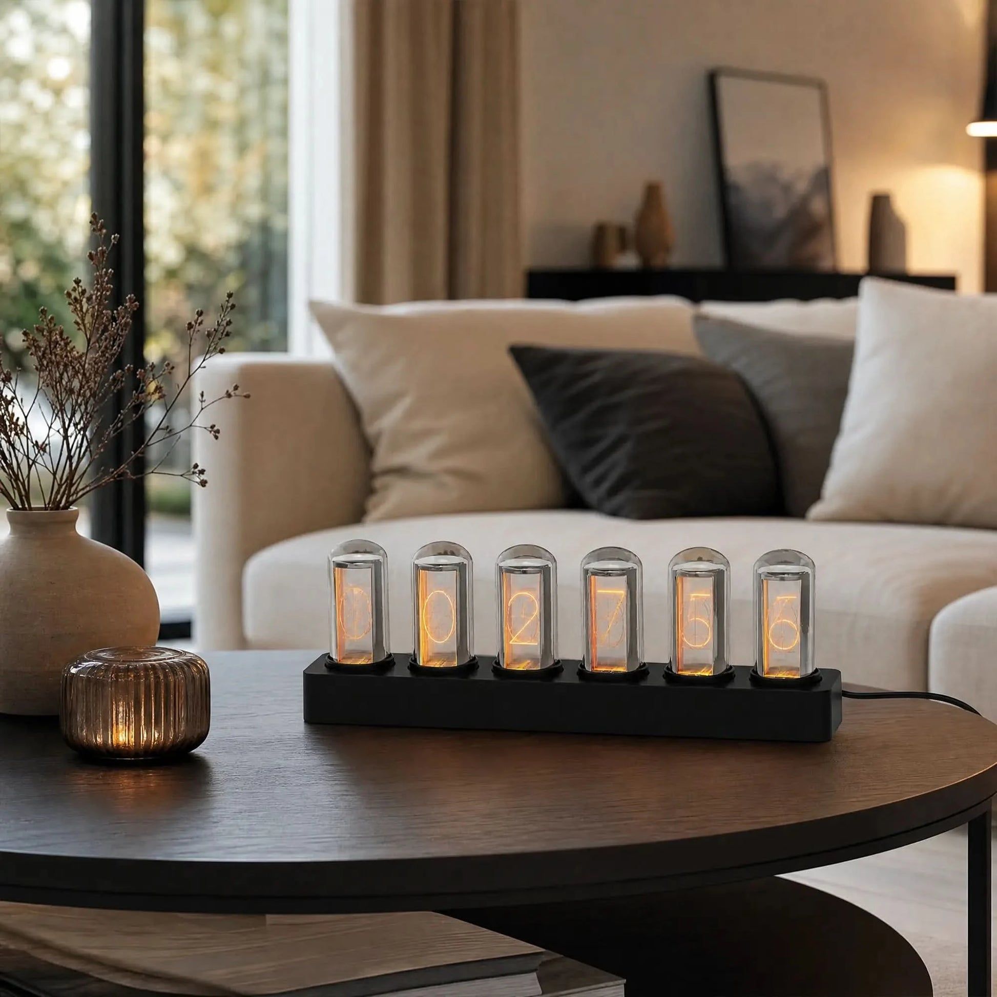 Table clock with six glass tubes on coffee table, yellow glowing LED display.