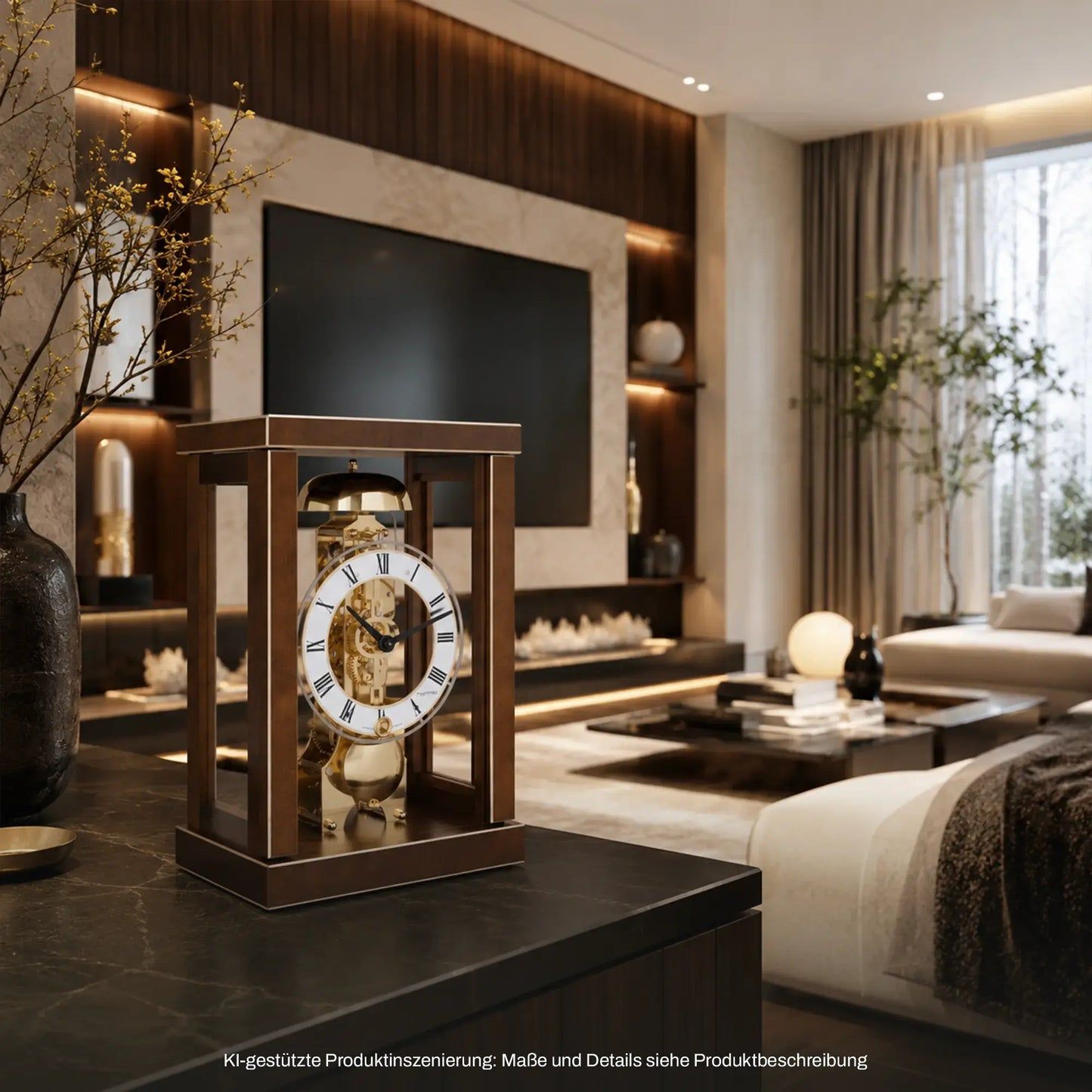 Holz-Tischuhr mit Glasfront, goldenem Zifferblatt und sichtbarem Uhrwerk
