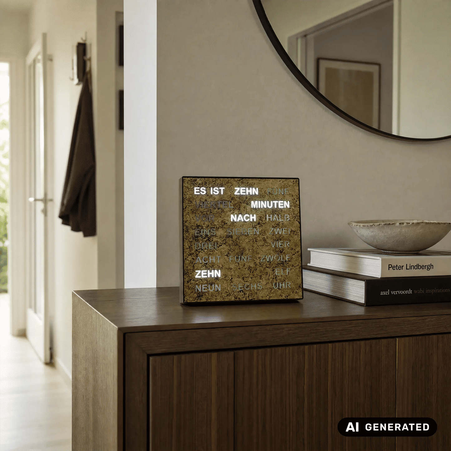 AMS Wortuhr mit LED-Anzeige im goldbraunen Gehäuse, steht auf einer Holzkommode