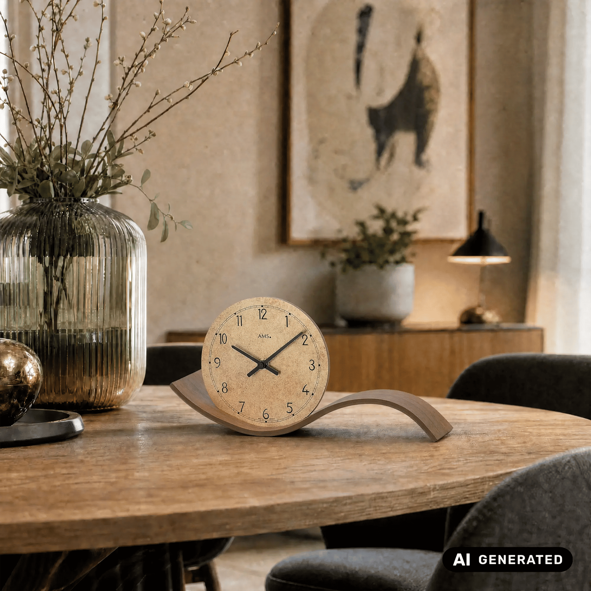 Tischuhr mit rundem Holzgehäuse, beigem Zifferblatt und schwarzen Zeigern