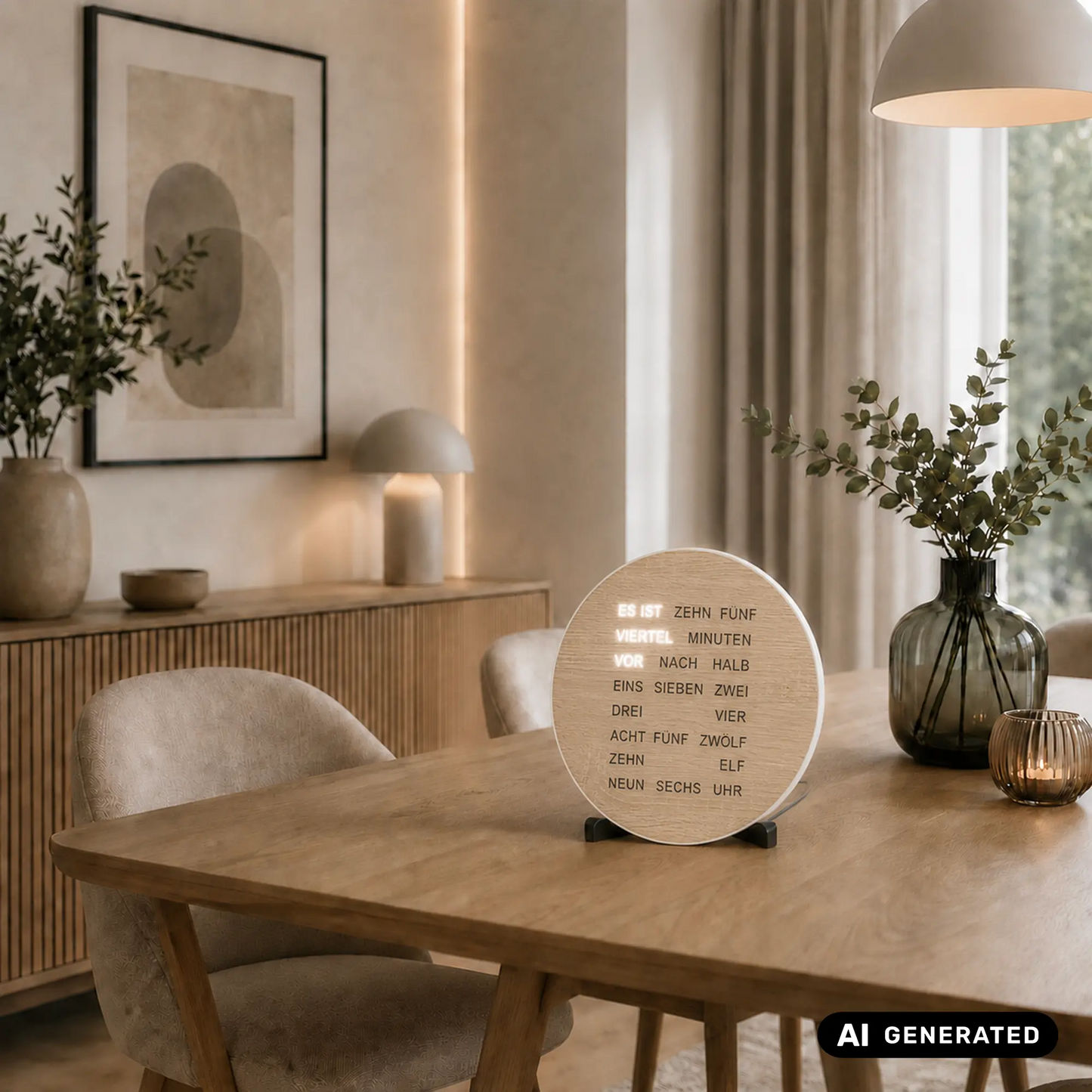 Runde Tisch- und Wanduhr mit LED-Wortanzeige in Holzoptik, leuchtender Text auf Ziffernblatt
