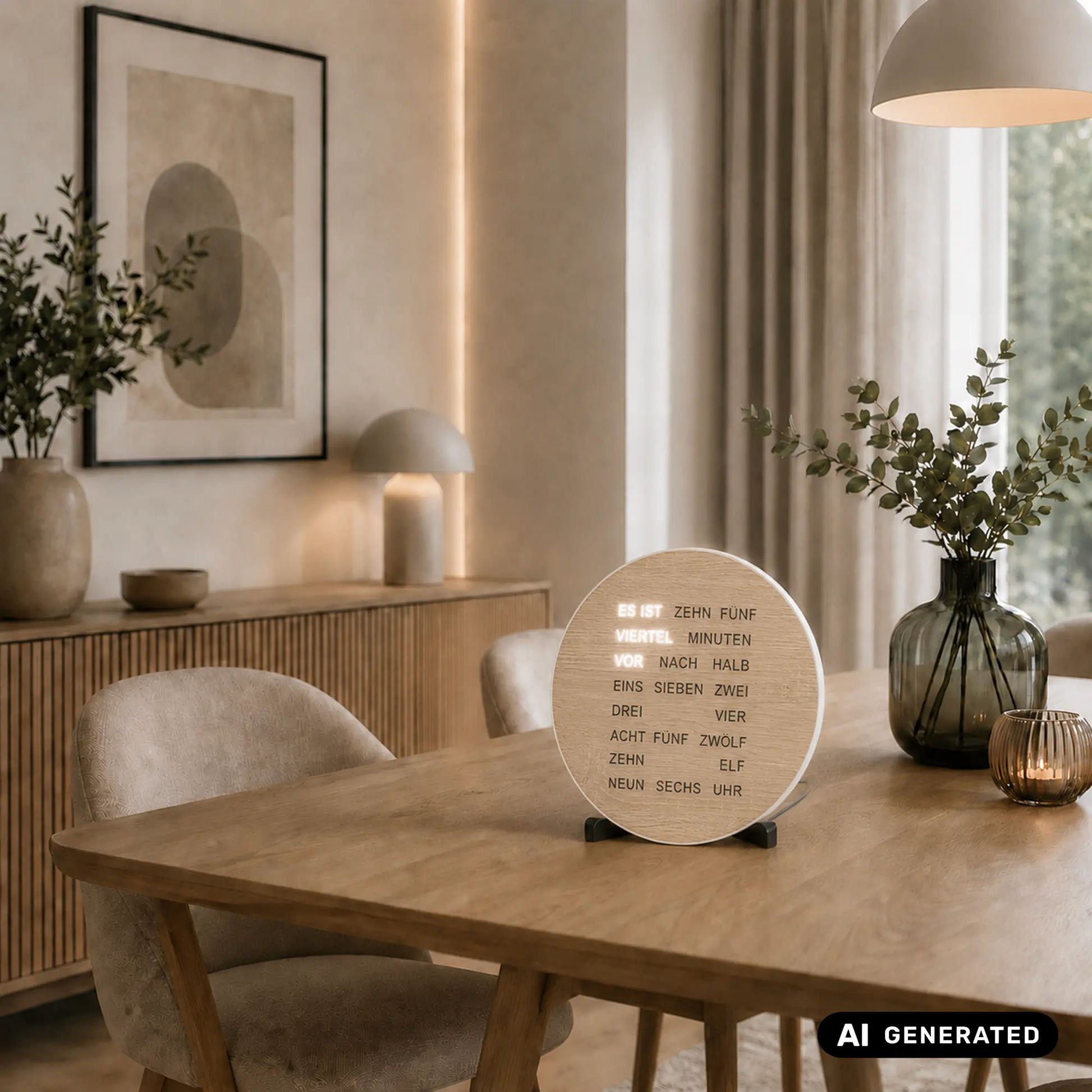 Runde Tisch- und Wanduhr mit LED-Wortanzeige in Holzoptik, leuchtender Text auf Ziffernblatt