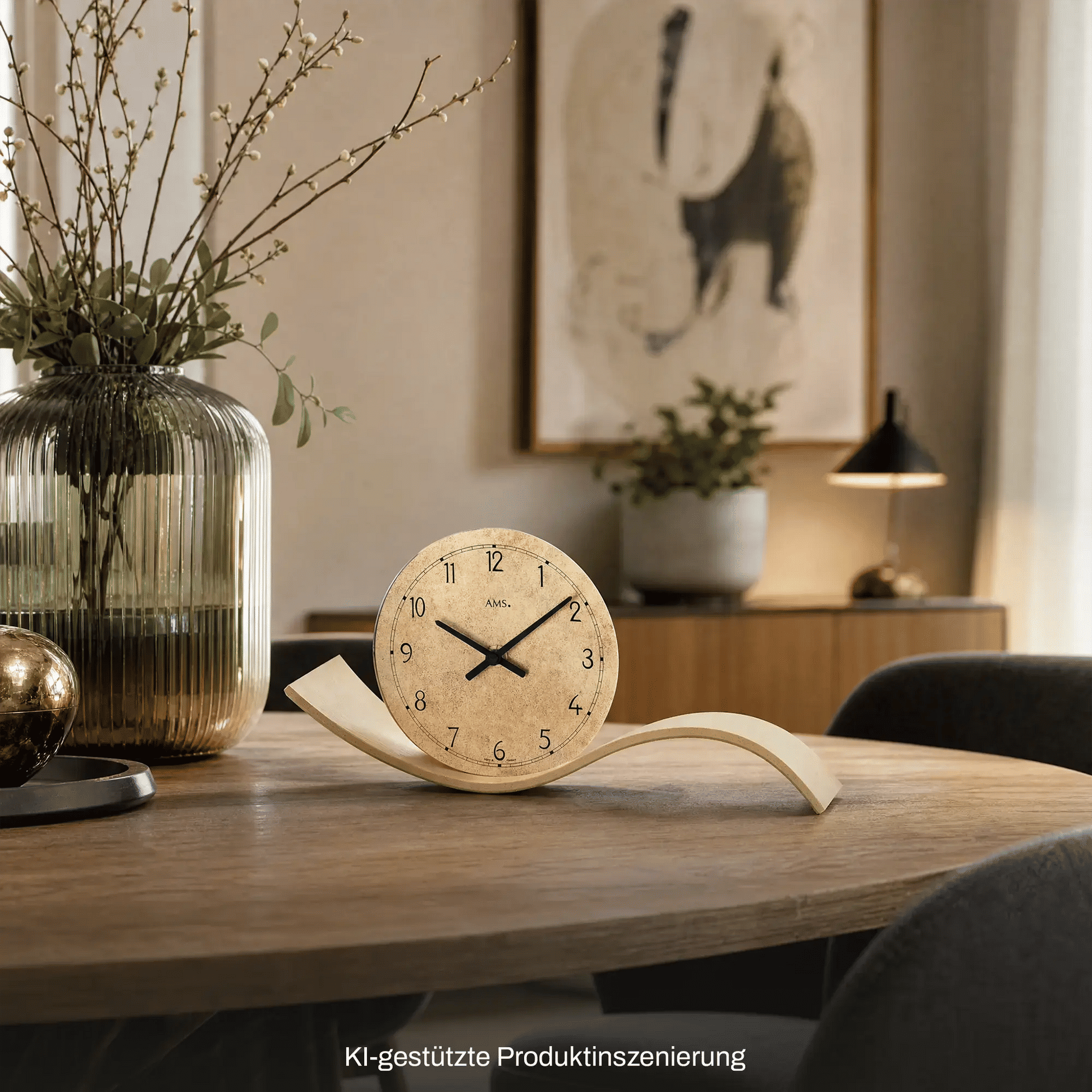 AMS Tischuhr mit rundem Holzgehäuse in Messing-Optik, schwarzem Zifferblatt und Holzfuß