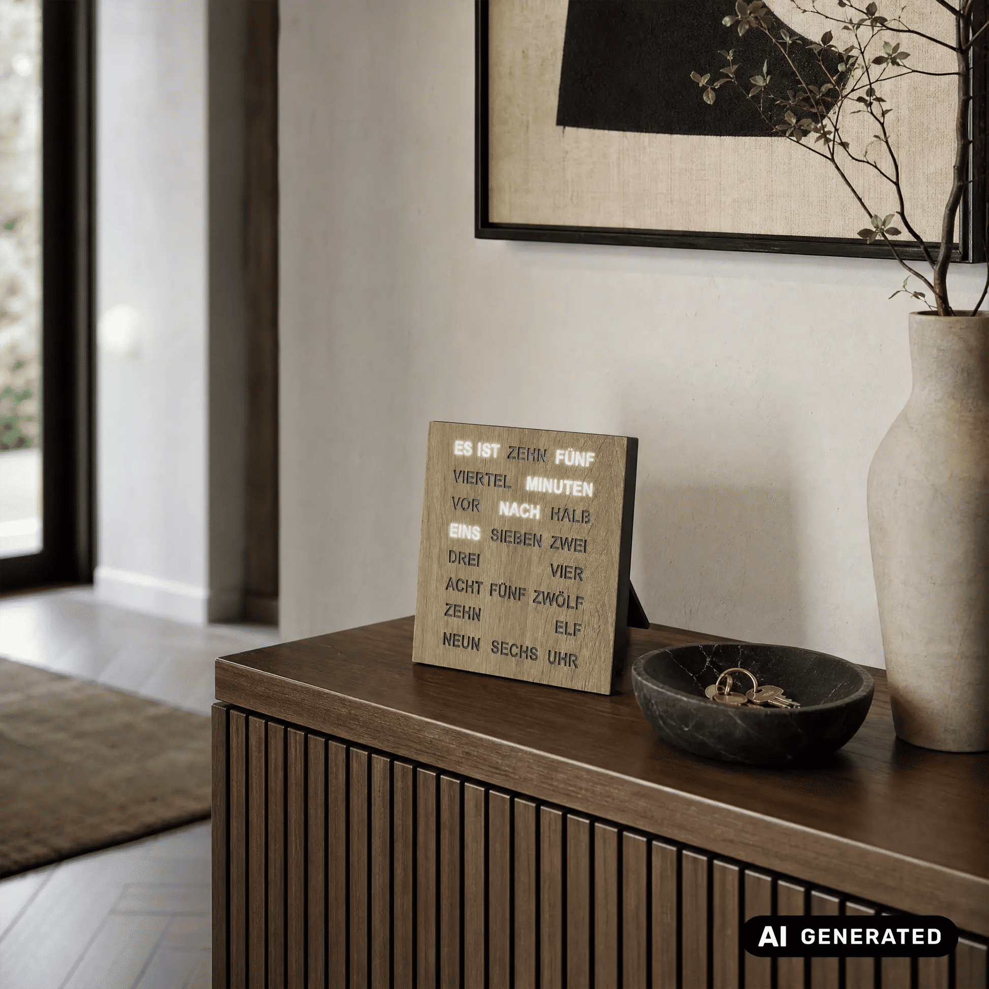 Wortuhr mit LED-Wortanzeige, Holzrahmen Sonoma, auf Kommode gestellt