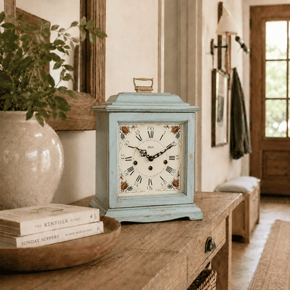 Hölzerne Tischuhr mit hellblauem Gehäuse und Blumen-Dekor am Zifferblatt, auf Holzfläche
