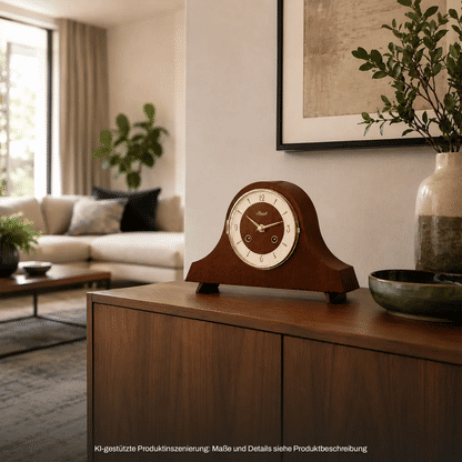 Holz-Tischuhr mit braunem Gehäuse und weißem Ziffernblatt auf Holzkommode