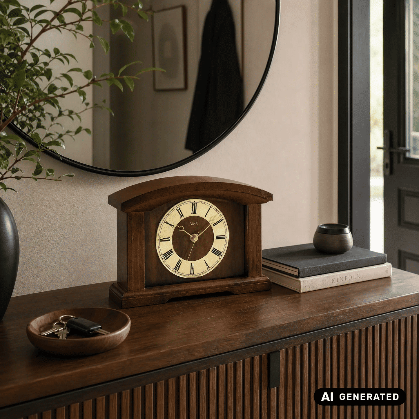 Holz-Tischuhr auf Sideboard mit rundem Zifferblatt und römischen Ziffern