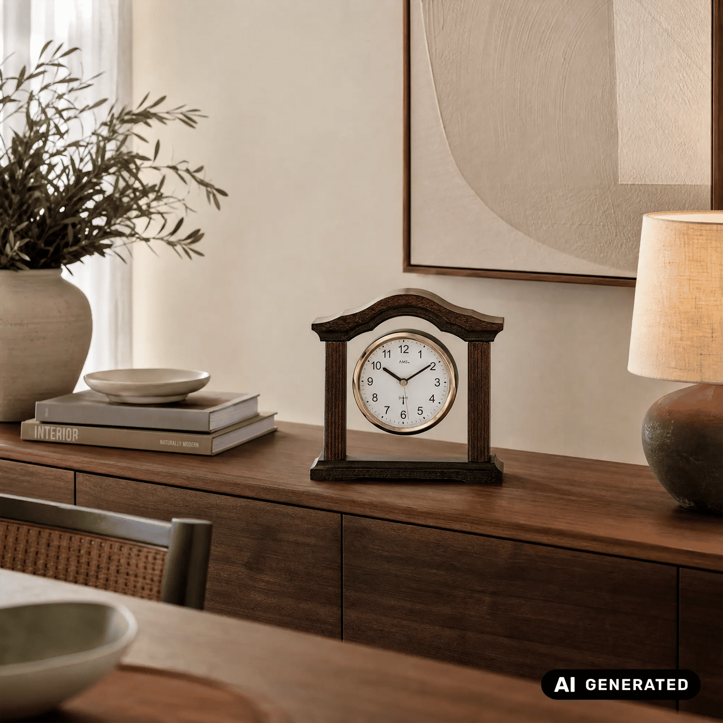 Holztischuhr auf Kommode mit rundem Zifferblatt und Messingring