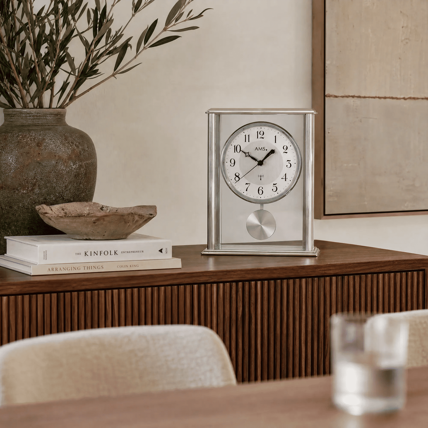 AMS Quartz Pendulum Table Clock F5190Q Silver • Quartz Pendulum Movement • Metal Case with Mineral Glass