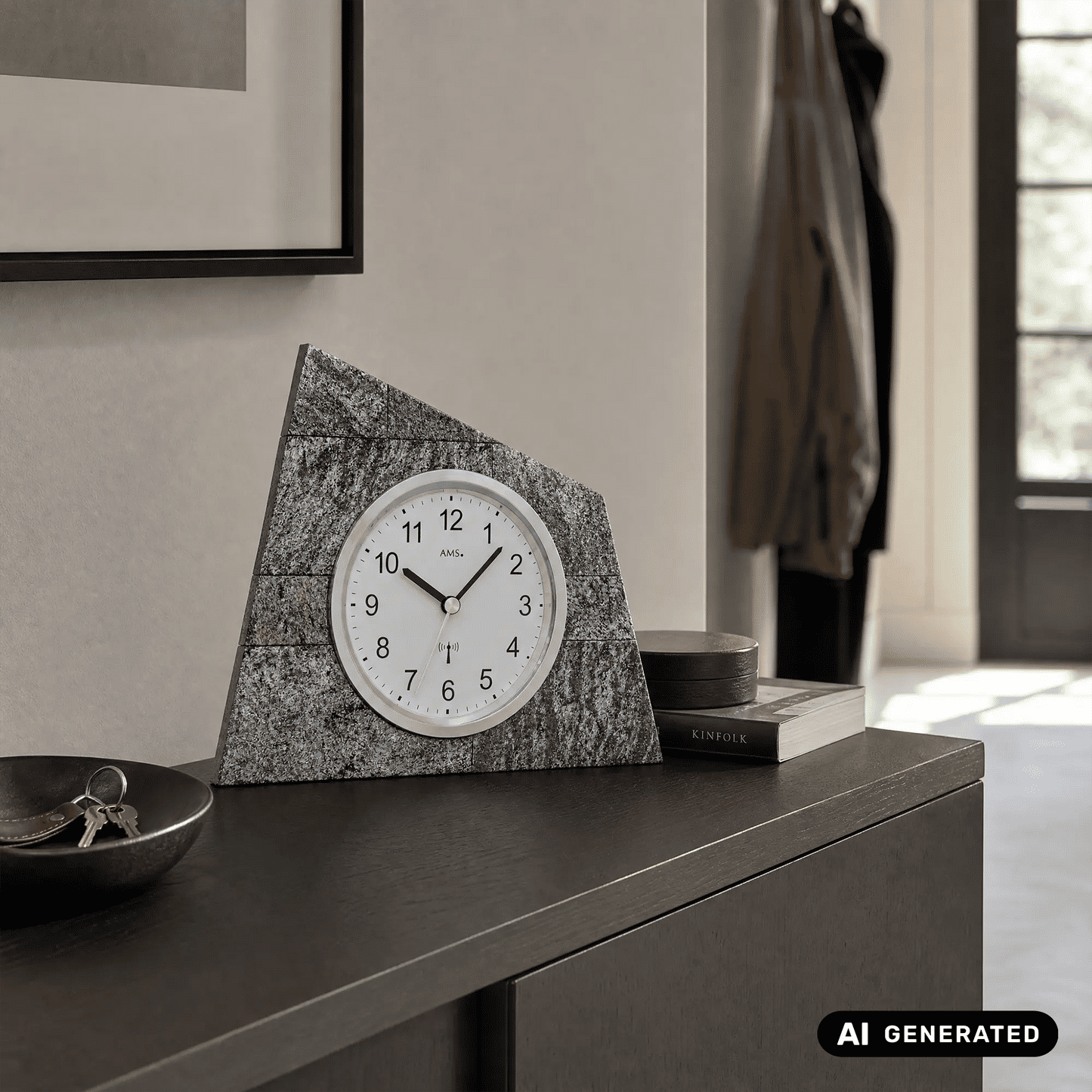 AMS F5176 Table Clock Natural Stone • Radio-Controlled Movement • Wooden Case with Stone Overlay