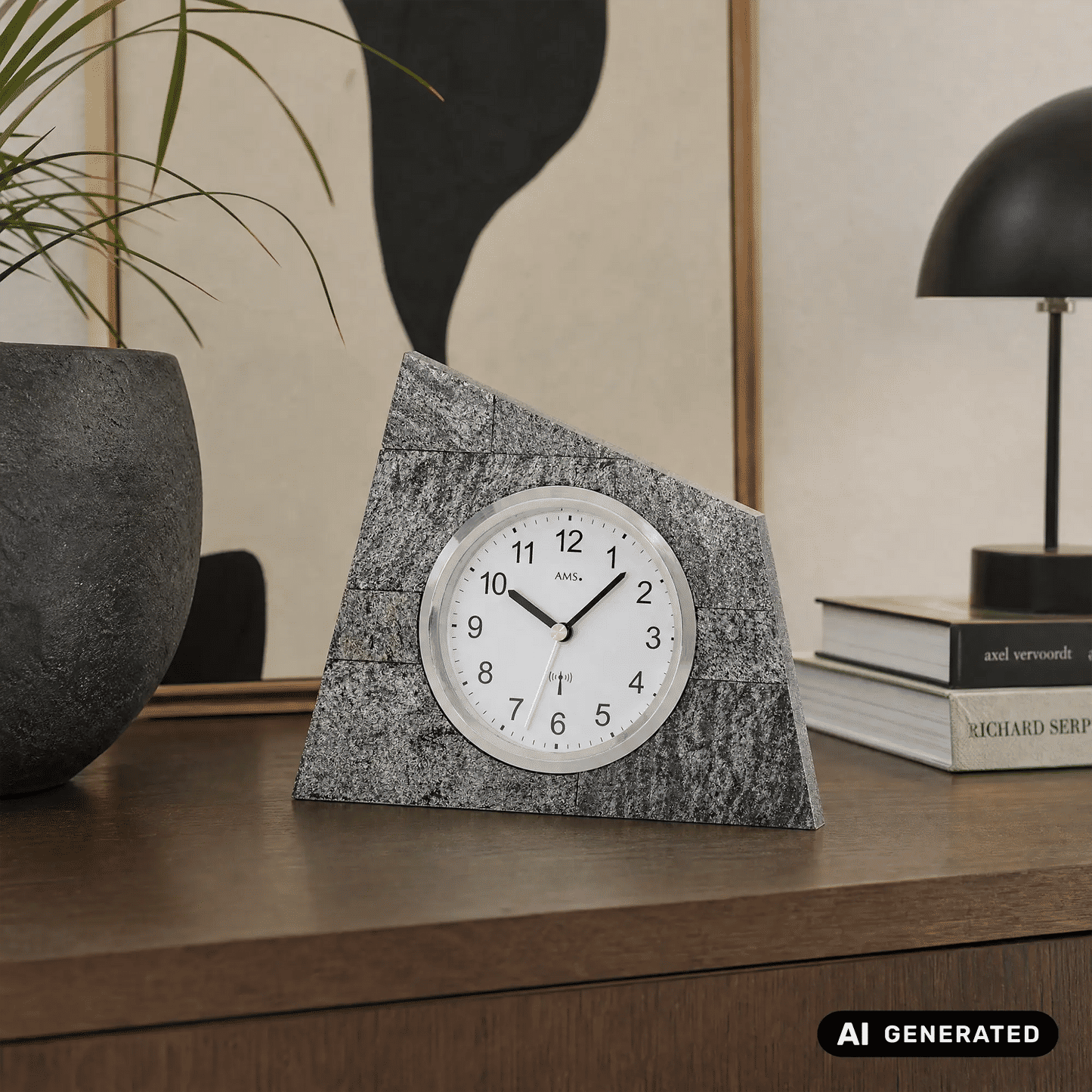 AMS F5176 Table Clock Natural Stone • Radio-Controlled Movement • Wooden Case with Stone Overlay