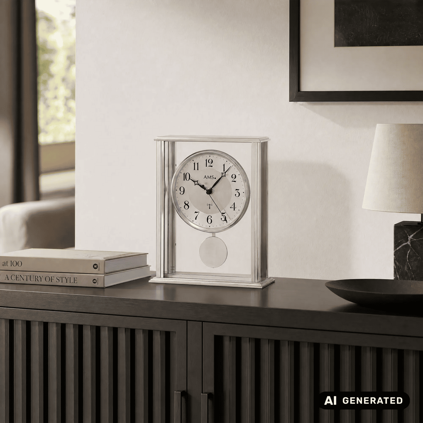 AMS Biel F5190 Table Clock Silver • Radio-Controlled Movement with Pendulum • Mineral Glass