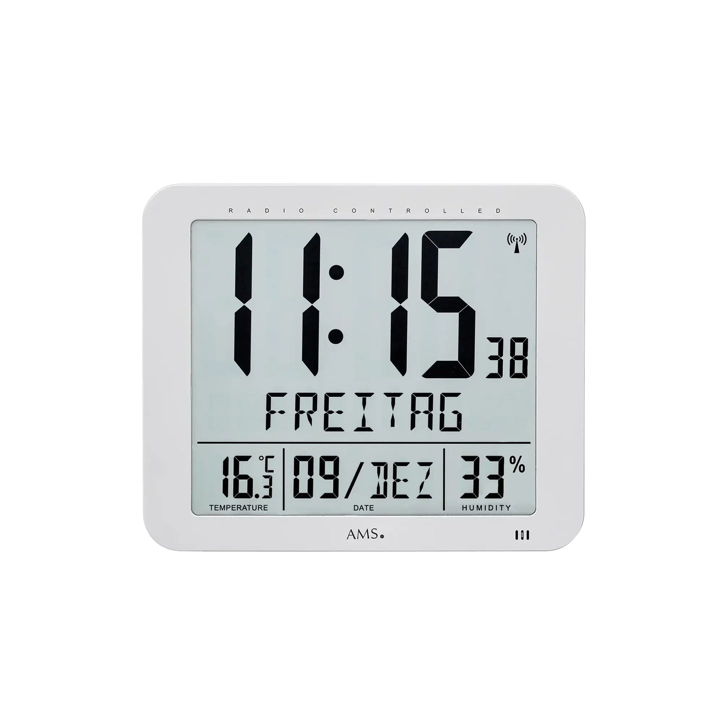 AMS Funk-Wanduhr mit digitalem Display: Zeit, Datum, Temperatur und Luftfeuchtigkeit