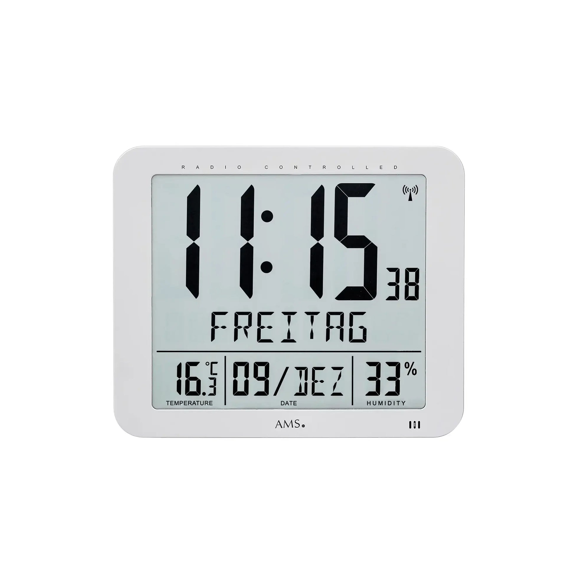 AMS Funk-Wanduhr mit digitalem Display: Zeit, Datum, Temperatur und Luftfeuchtigkeit