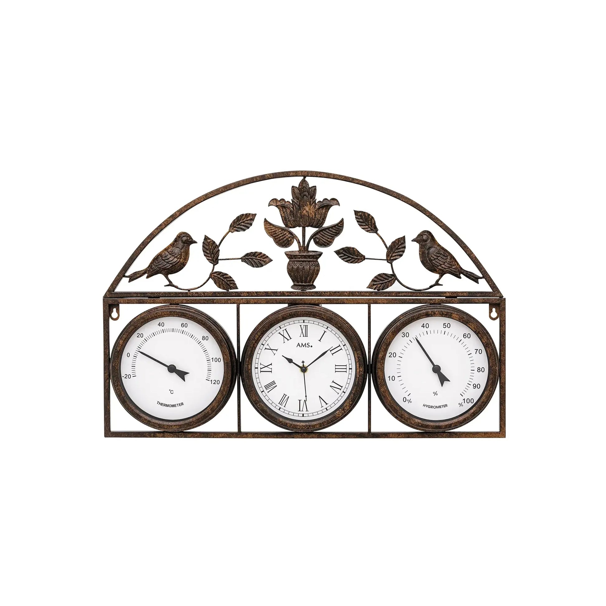 Wanduhr mit drei Uhren, Vogel- und Blattdekor über den Zifferblättern, antik